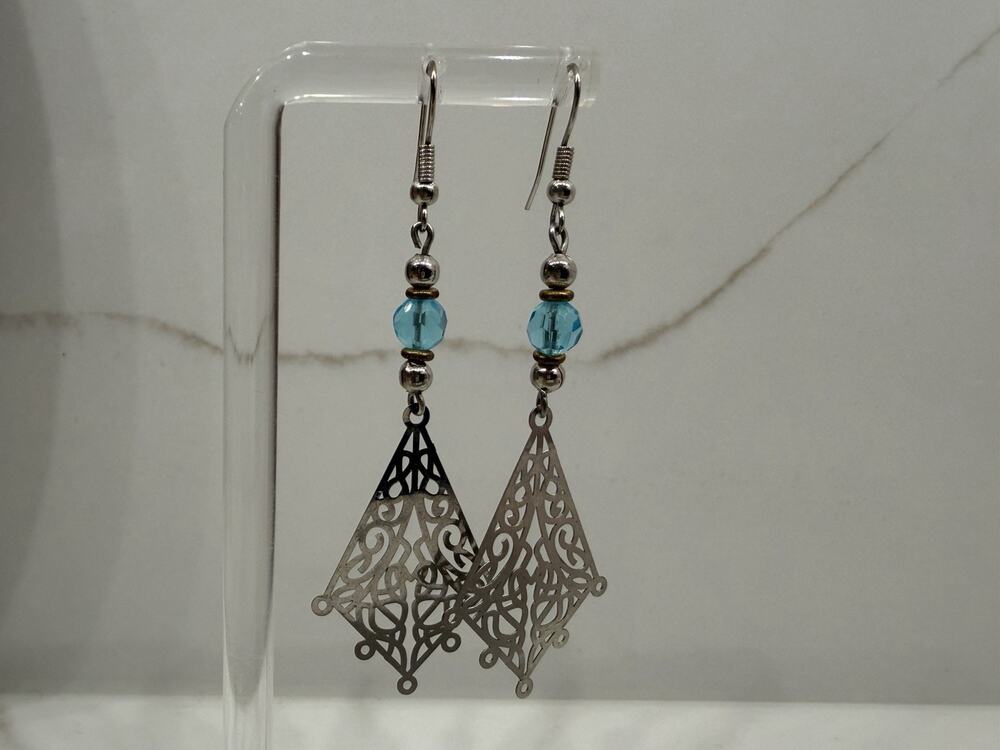 Long Filigree Dangle Earrings Aqua Blue Beaded Silver Tone Boho Chandelie
